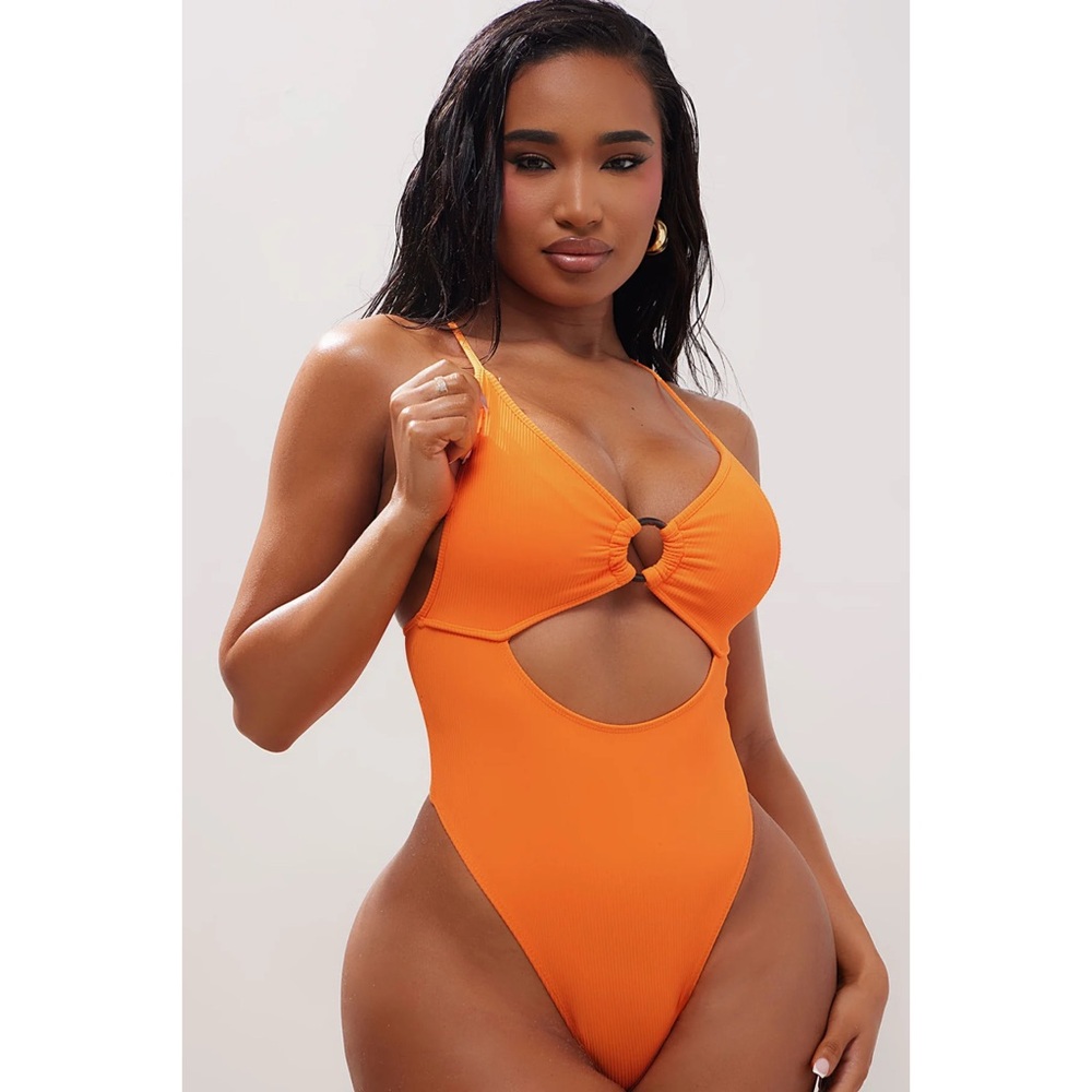 Fashion Nova Neon Orange Ribbed Crisscross Cutout High Leg One Piece Swimsuit